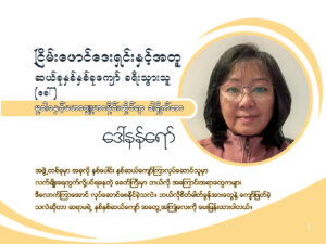 Read more about the article “ငြိမ်းဖောင်ဒေးရှင်းနှင့်အတူ ဆယ်စုနှစ် နှစ်နှစ်ကျော်ခရီးသွားသူ (ခေါ် )မူဝါဒနှင့် မဟာဗျူဟာပိုင်းဆိုင်ရာ ဒါရိုက်တာ ဒေါ်နန်ရော်”